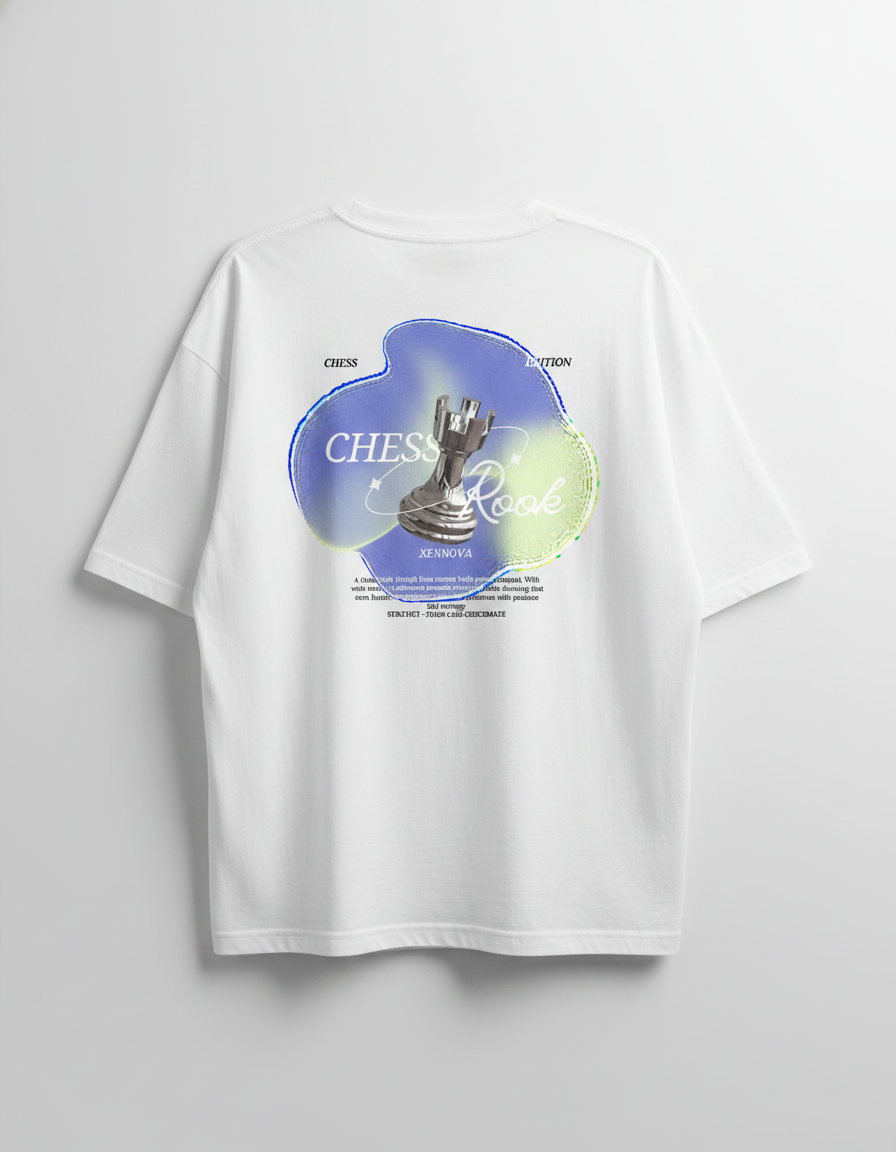 White t-shirt with a chess-themed graphic on a light gray background