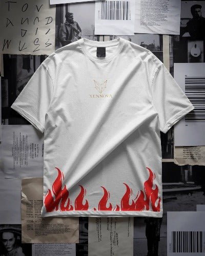 White t-shirt with red flame design and brand logo on a collage background